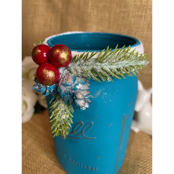 Christmas Glass Jar Ball  /  Turquoise Christmas Glass Jar with Wide Mouth Ball - Picture 8 of 11